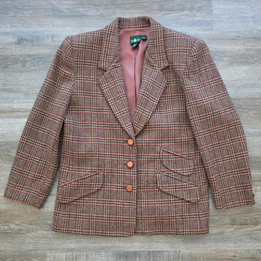 Vintage Hunt Club Brown Plaid Wool Blazer Women Academic Preppy 14 Petite <3